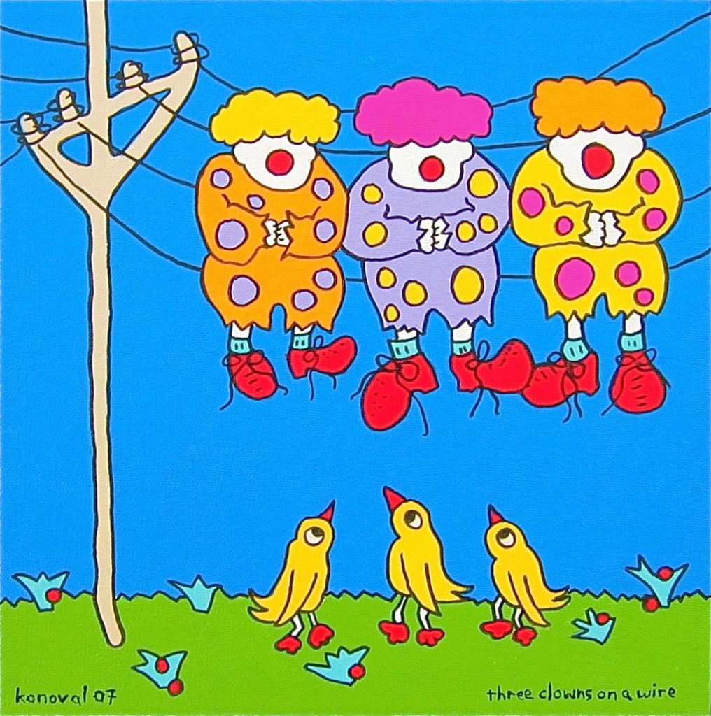 three clowns on a wire, Karin Konoval